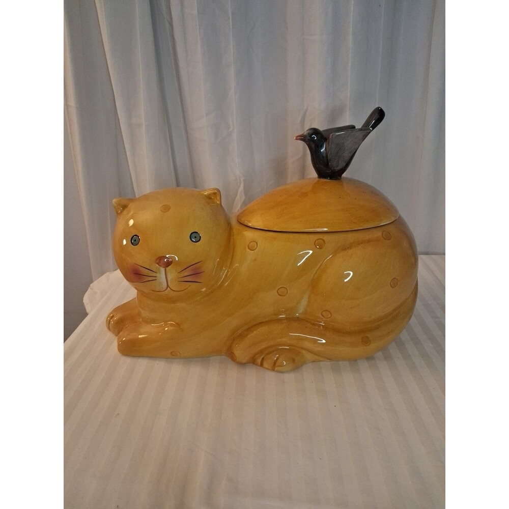 Vintage Debbie Mum Sakura Weathervane Golden Cat with Bird Cookie Jar 1998